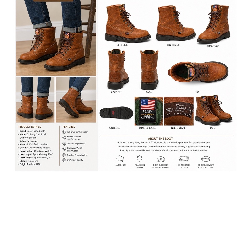 Justin Workboots Mens 7 Inch Body Cushion L762 Tan‎ Brown Leather Work Boots 7B